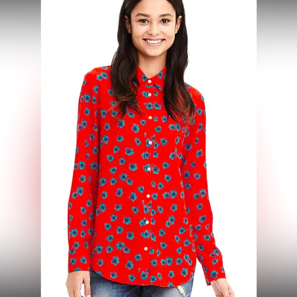 Banana Republic Women's Orange Floral Long-sleeve Button Up Blouse